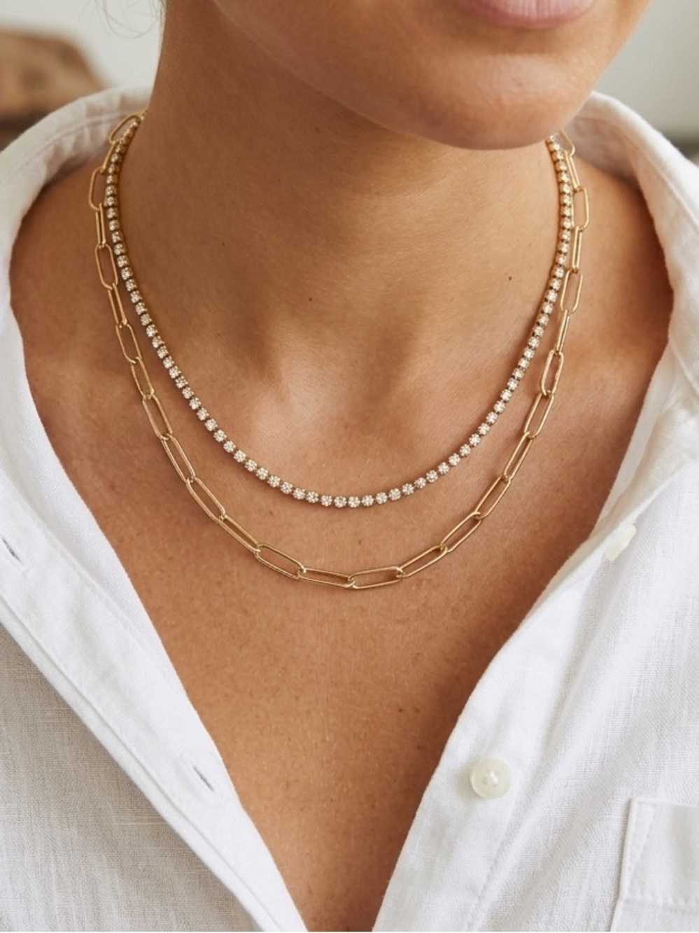 Layered Gold Tennis Paperclip Necklace Set stainless steel Womens Gold Necklace